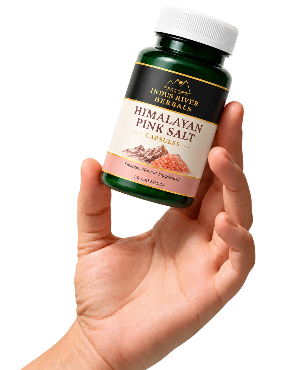 Hand holding Indus River Herbals Himalayan Pink Salt Capsules bottle
