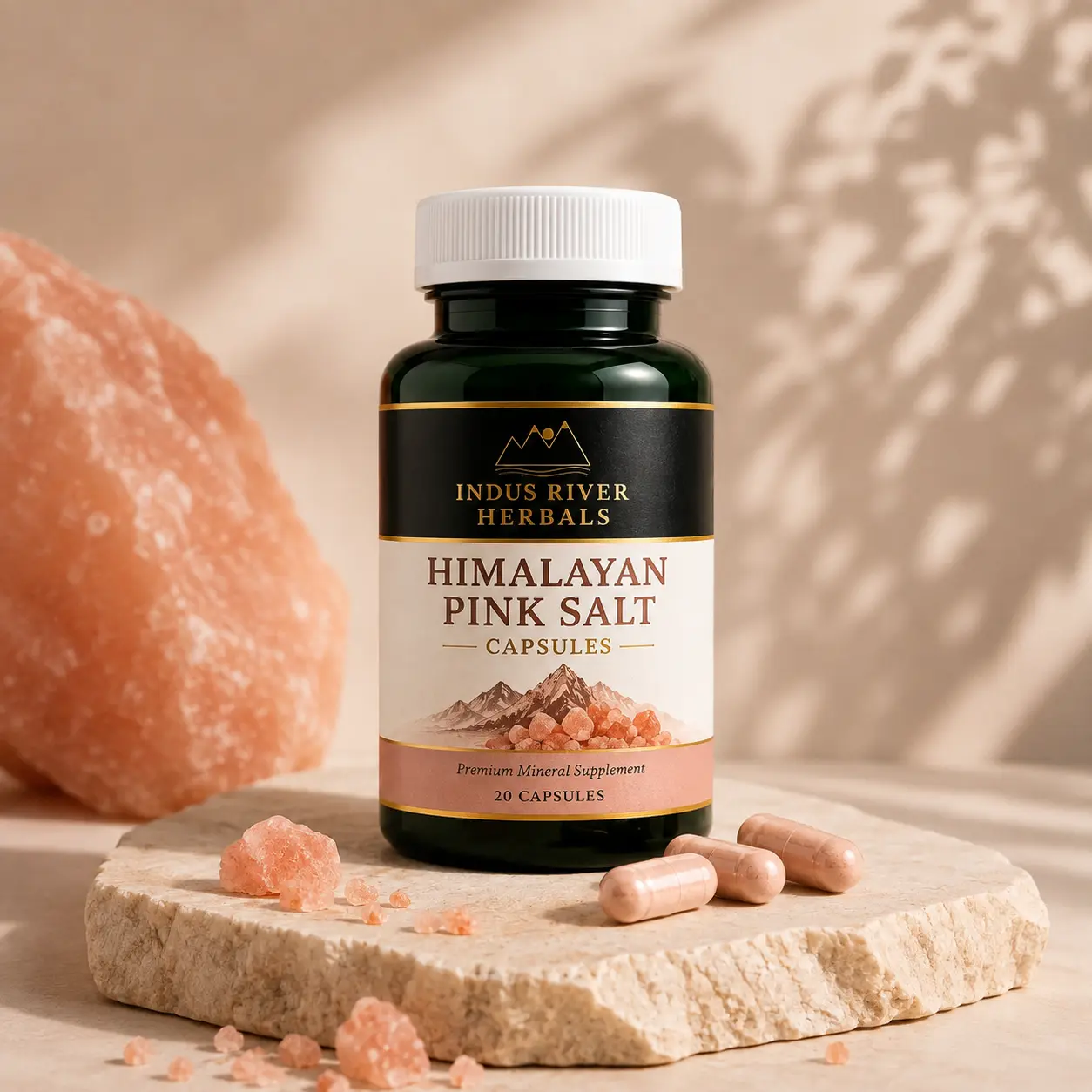 Himalayan Pink Salt Capsules bottle on a stone pedestal with capsules and salt crystals