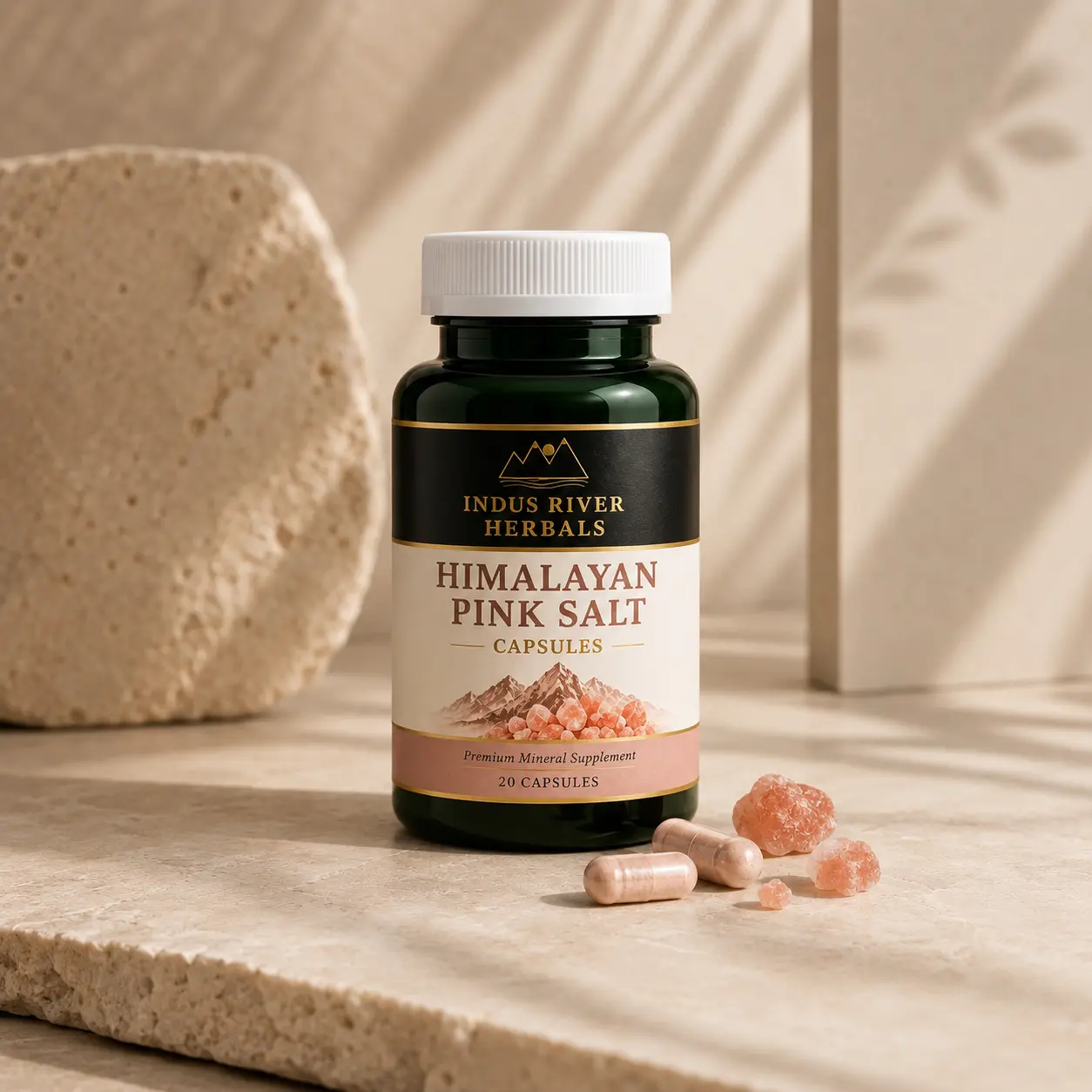 Indus River Herbals Himalayan Pink Salt Capsules with capsules and pink salt crystals