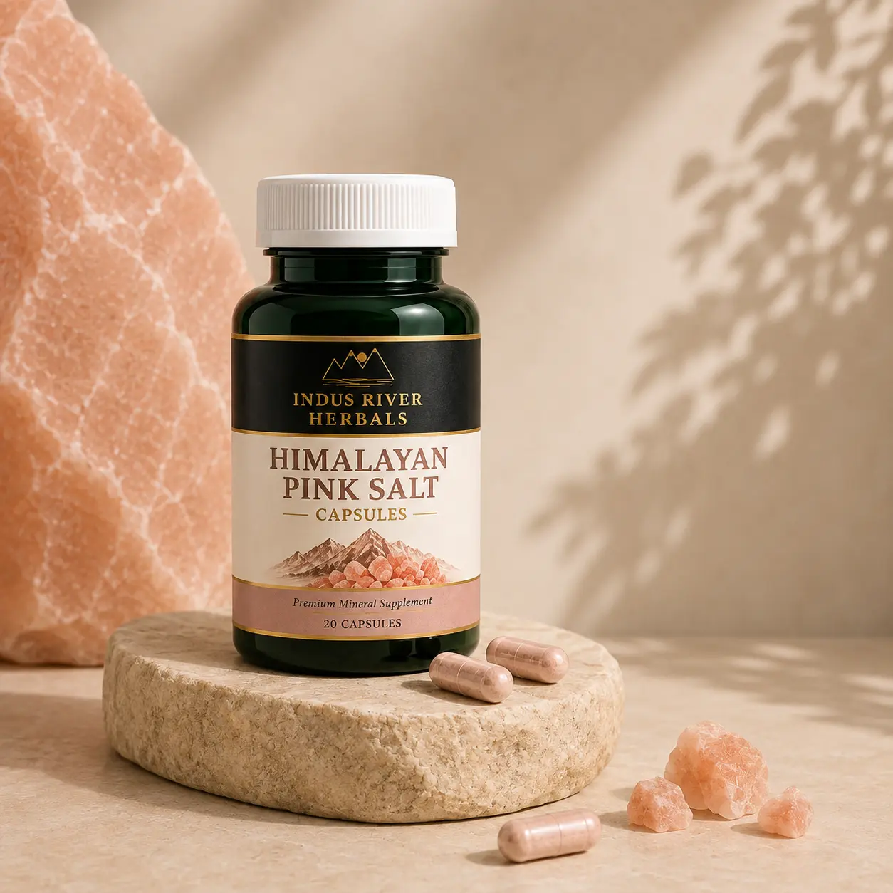 Himalayan Pink Salt Capsules bottle on a stone pedestal with capsules and salt crystals