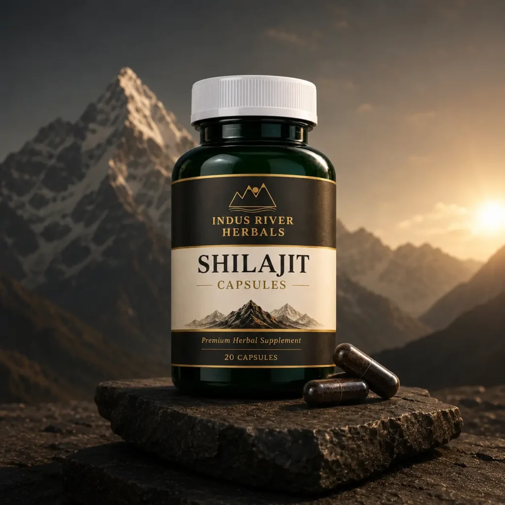 Indus River Herbals Shilajit Capsules with Himalayan mountain backdrop