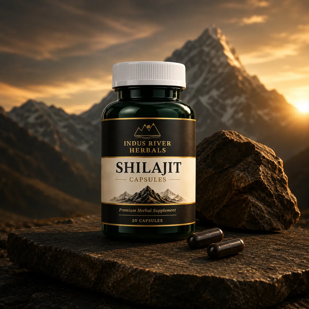 Shilajit Capsules bottle displayed against a Himalayan mountain landscape